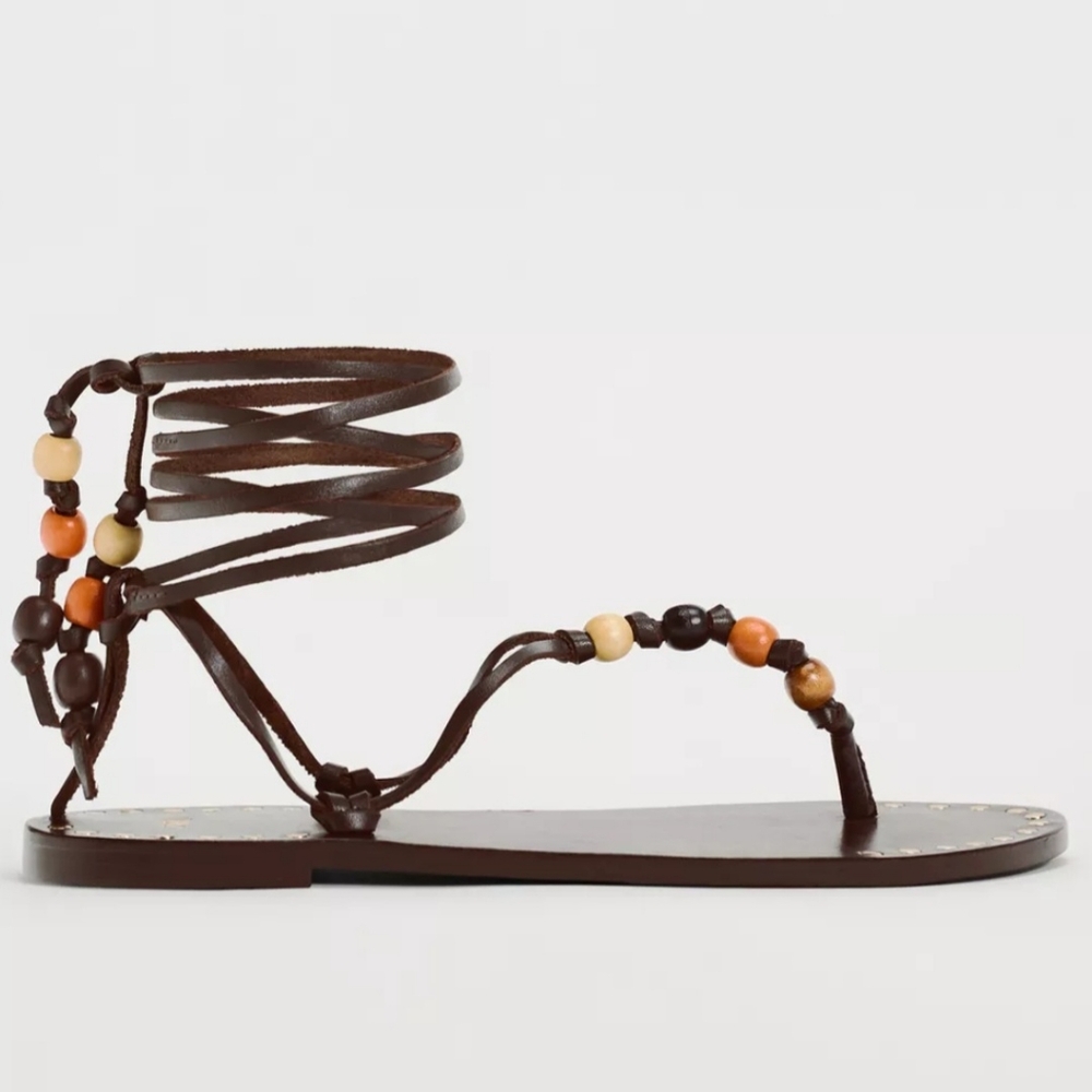 ZARA Beaded Lace Up Leather Brown Sandals 6.5. / EU 37